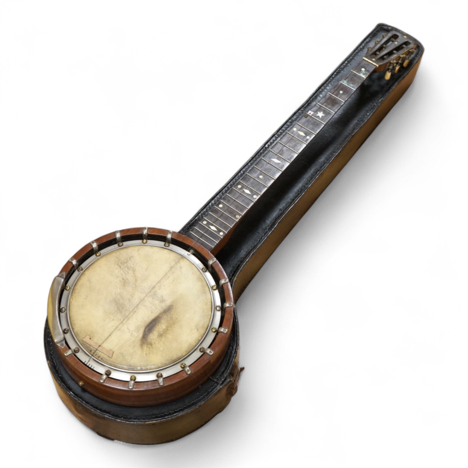 A rosewood banjo with mother of pearl inlay, cased